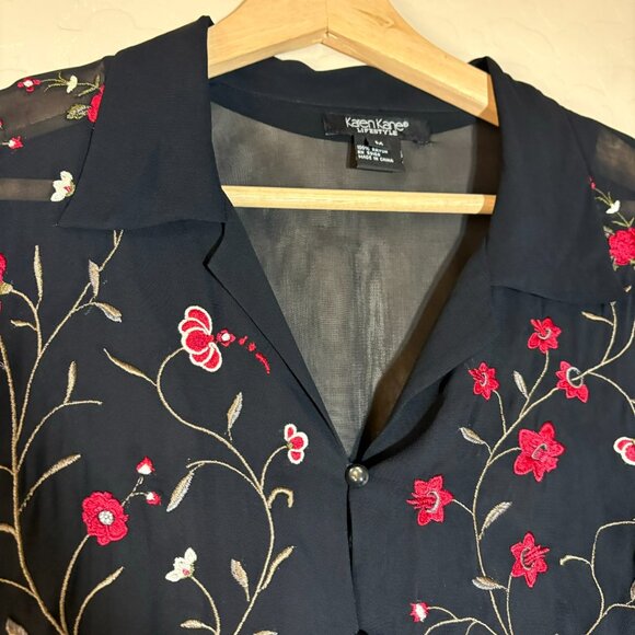 Karen Kane Black 100% Rayon Floral Embroidered Button Down Long Sleeve Blouse - Picture 5 of 10